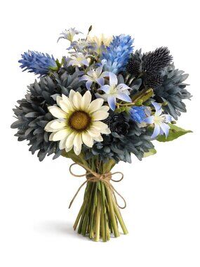 Blue Mums White Sunflower Faux Flowers Bundle Artificial Floral Arrangement Rust